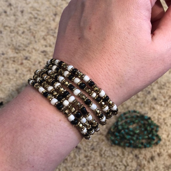 Vintage Stretchy Teal and White/Black Bracelets - Picture 3 of 4